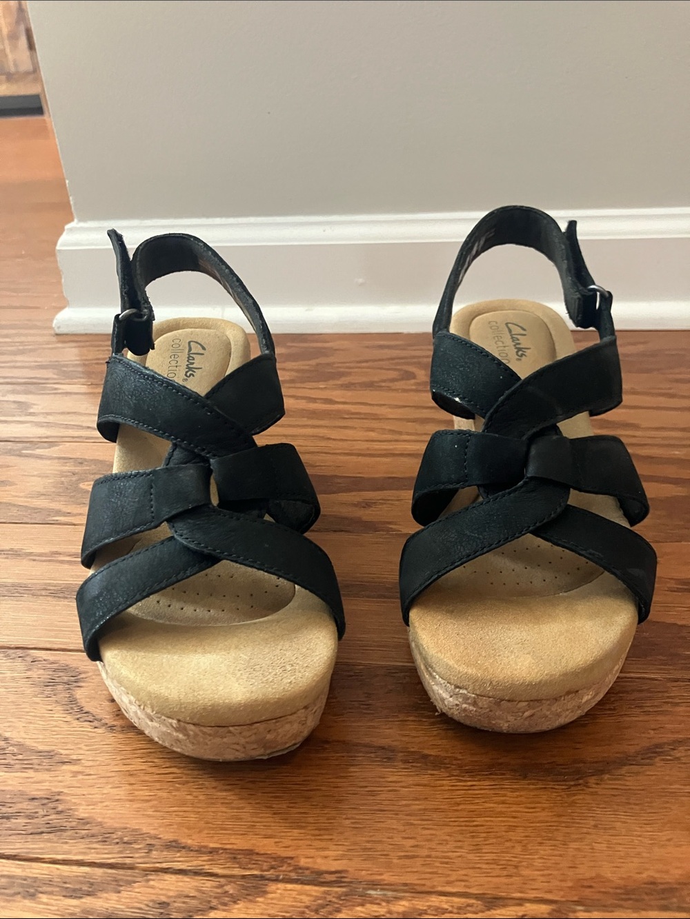 Clarks Black Wedge Sandals Size 7.5